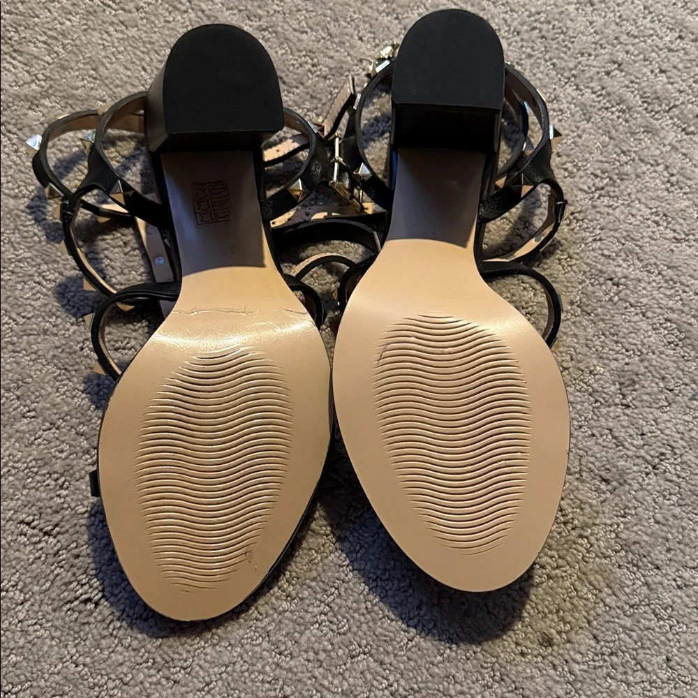 Black Leather Studded Block Heeled Sandals with gold studs - Picture 5 of 6